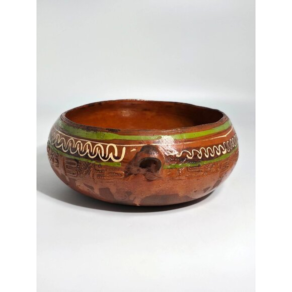 Handcrafted Vintage Folk Art Mexican Clay Pottery Bowl With Green White Accents - Picture 2 of 12